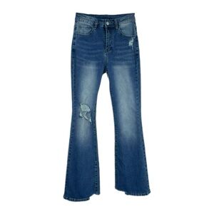 Women’s Distressed High Rise Flare Leg Stretch Denim Jeans